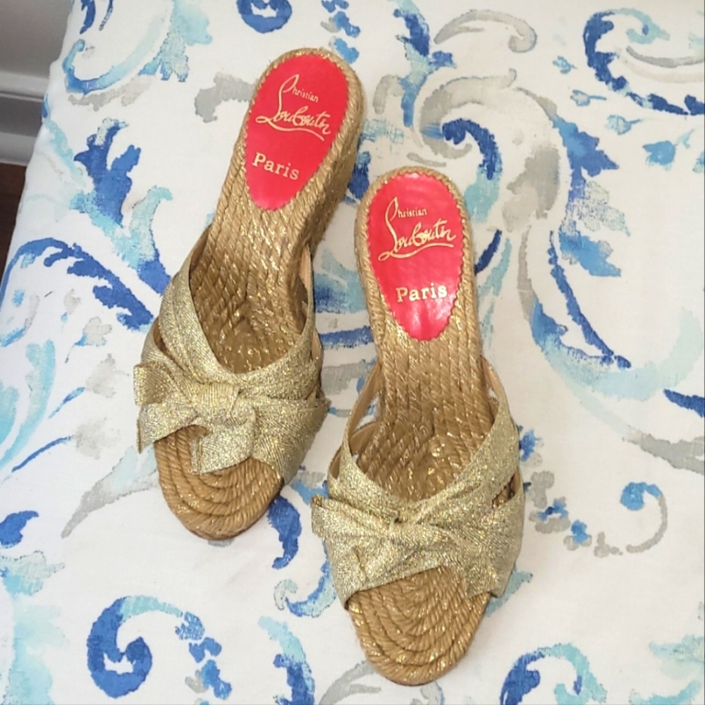 Christian Louboutin Gold Wedge Espadrilles Sandals